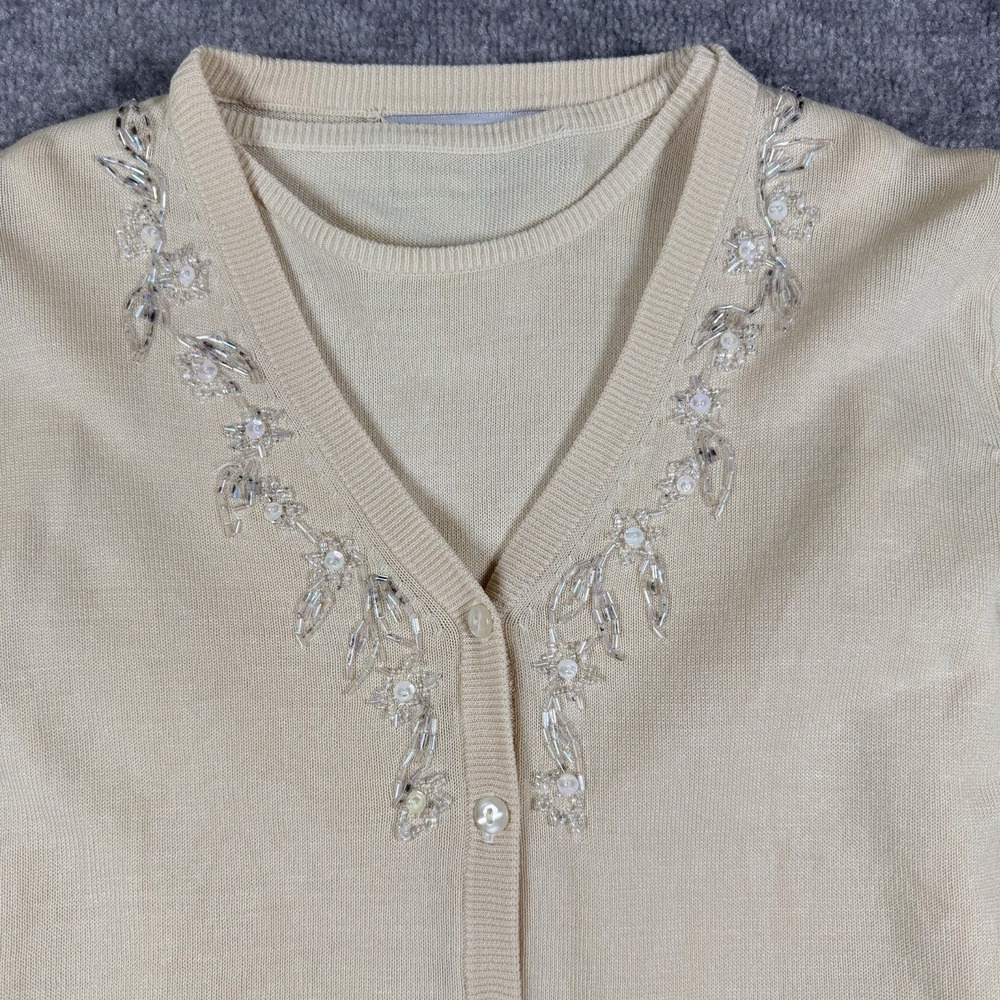 Vintage Diane Gilman Sweater Set Women's Small Beige Silk Beaded Cardigan Tank